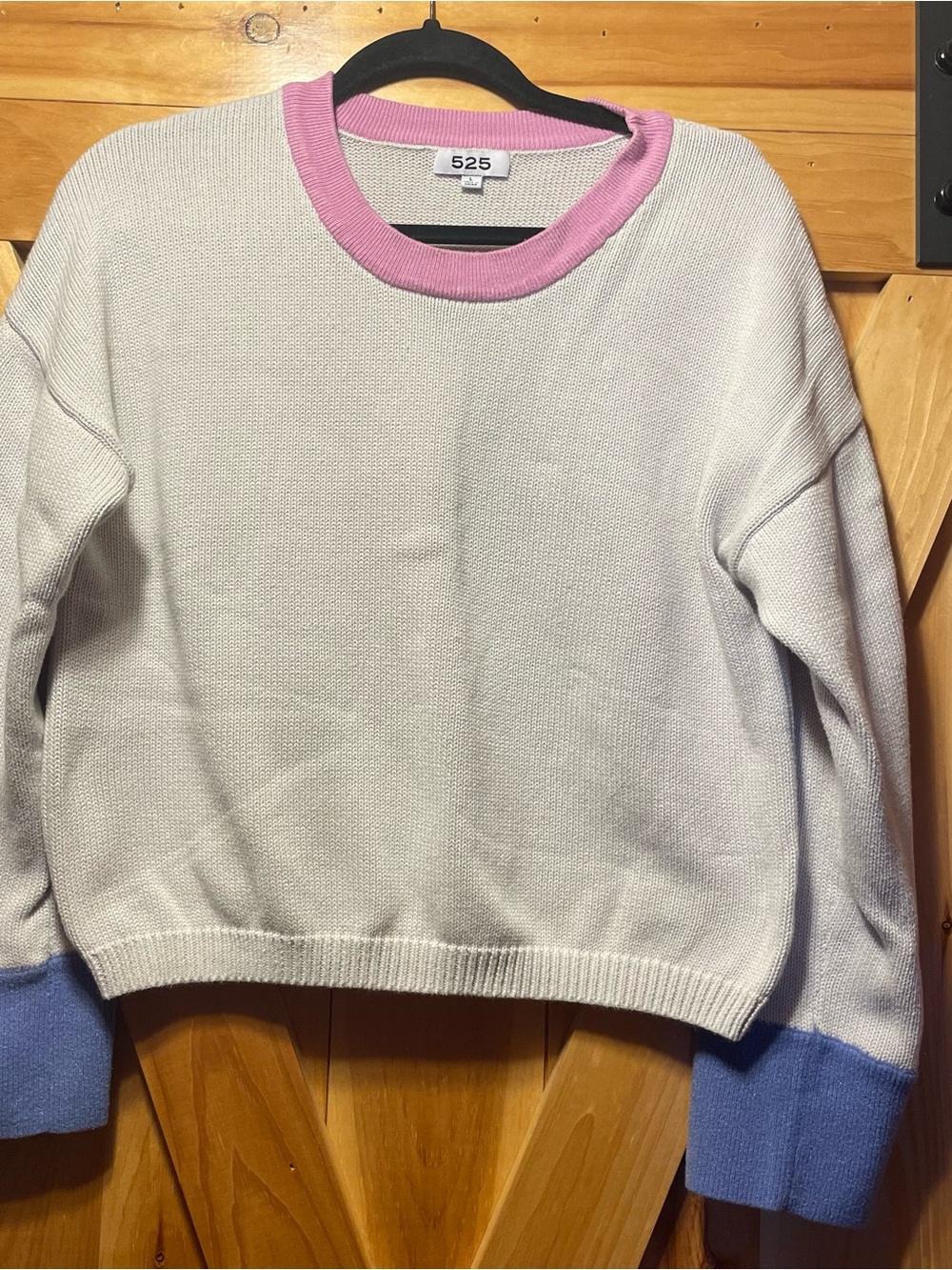 525 America White Crewneck cropped Sweater with Pink Neckline and Blue Cuffs, lg